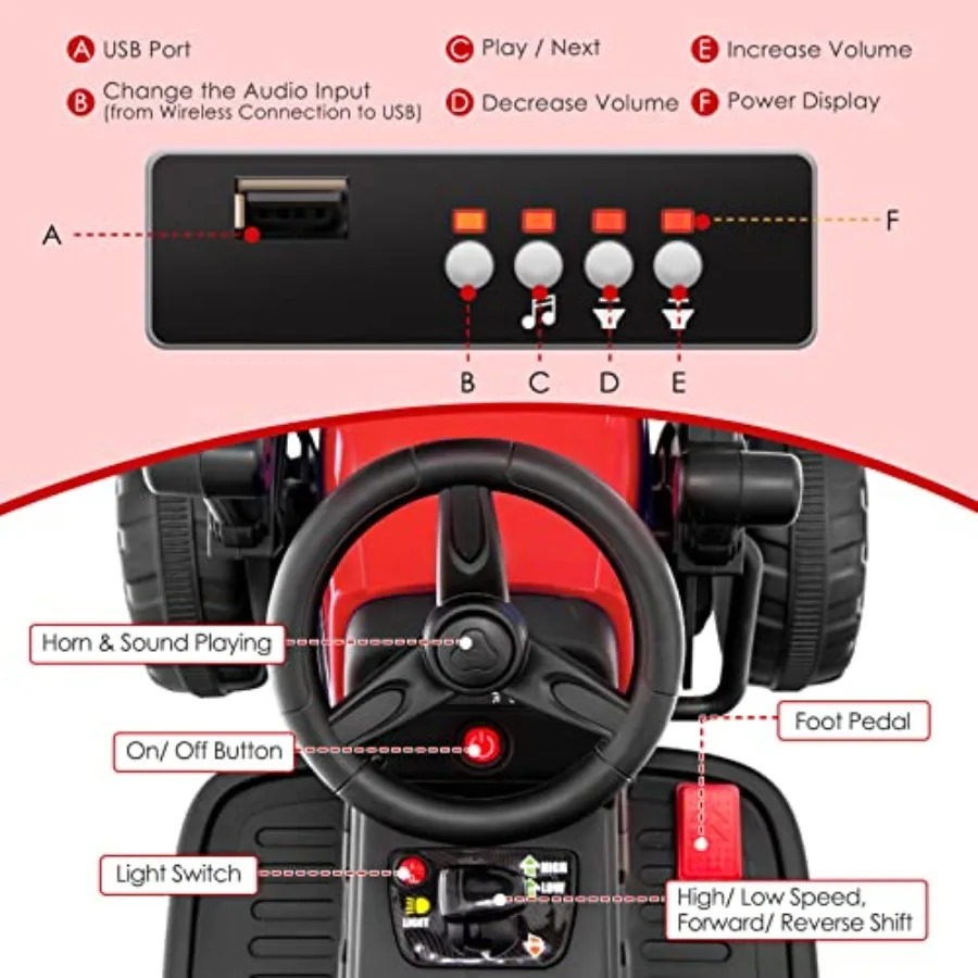 ' electric ride-on road roller for outdoor play, 12V battery-powered tractor with adjustable drum roller, red color, remote con