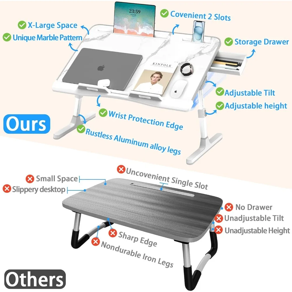 Mesa ajustável para laptop com gaveta, mesa dobrável X-Large, bandeja de mesa para sofá de cama