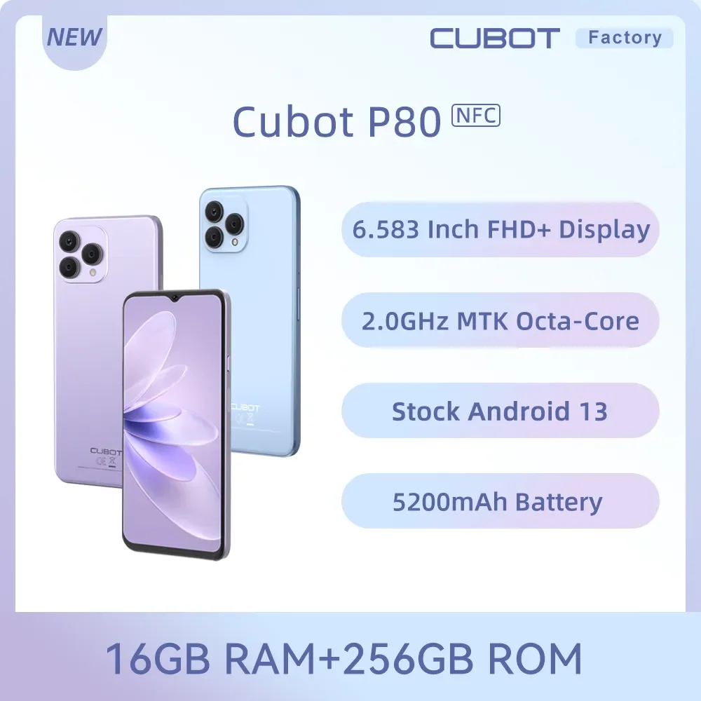 Cubot P80 안드로이드 13 스마트폰 글로벌 버전, 6.583 인치 FHD, 8GB 256GB NFC 48MP 카메라, 5200mAh 배터리, GPS 스마트폰