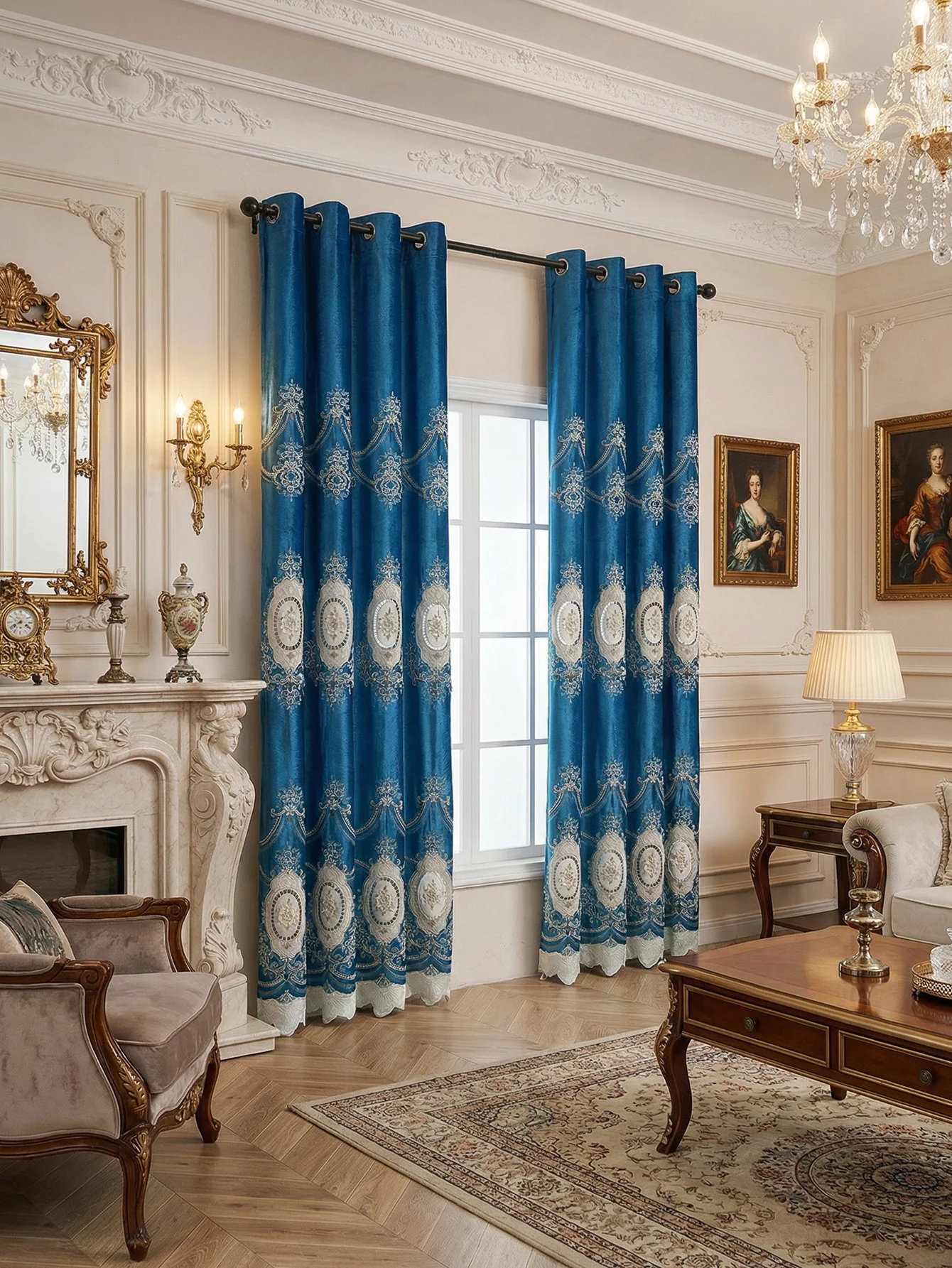 1 Stück Blauer Vintage Europäischer Luxus Bestickter Vorhang Transparent mit Goldfaden 3D-Relief Wohnzimmer Schlafzimmer Fensterdekoration