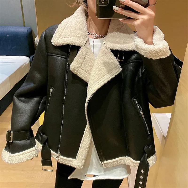 2025 herbst Winter Neue Mode Einfarbig Kragen Spleißen Casual Faux Leder Jacke Frauen Plus Samt Dicken Mantel Weibliche W645