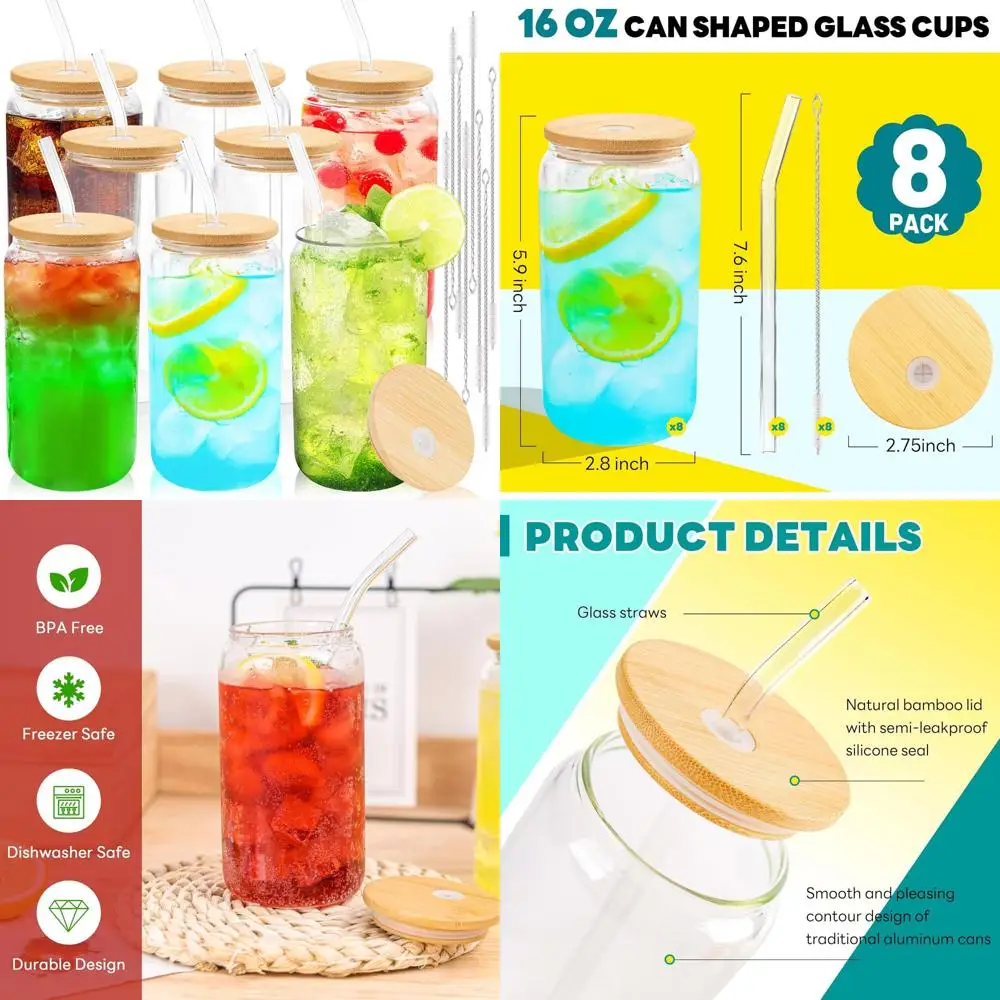 

glass cups with bamboo lids and straws 8 set 16 oz reusable iced coffee cup beer can drinking jars for smoothie whiskey boba so
