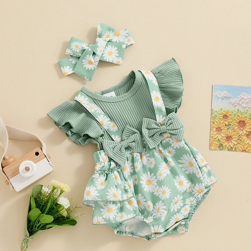 Baby Clothing Girl Outfits Floral Print Ribbed Fly Sleeve Bowknot Patchwork Layered Jumpsuits Headband Newborn Clothes