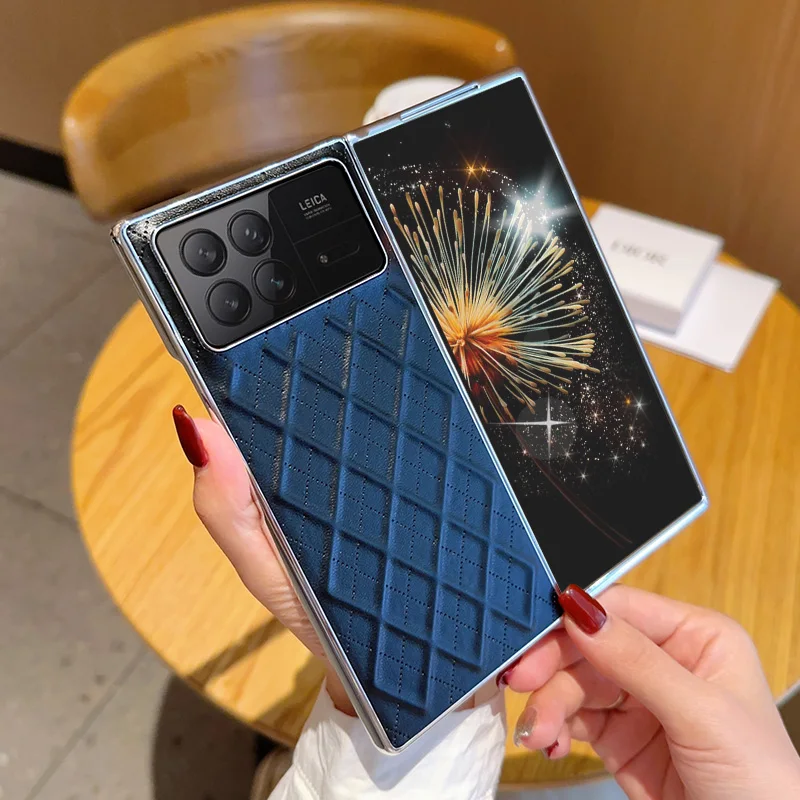 

For Xiaomi Mix Fold3 Leather Foldable Case Cubical Diamond Grid Pattern Raised Camera Lens Protection Plating Silver Case Cover