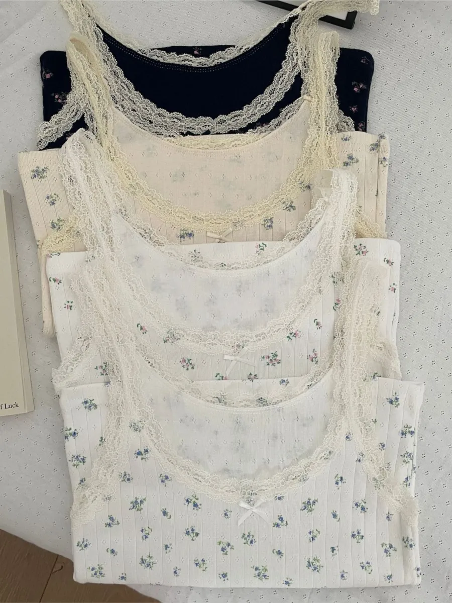 

Lace Trim Eyelet Floral Crop Tops Summer New Bow Basic Cotton Sleeveless Slim Tank Top Women Preppy Style Sweet Camisole Y2K Top
