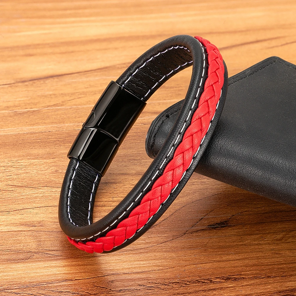 XQNI Black & Red Braided Rope Leather Bracelet Men Stainless Steel Charm Jewelry Bangle for Friend Couple Birthday New Year Gift