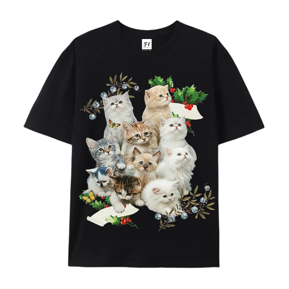 Vintage Cute Kittens Graphic Shirt Casual Short Sleeve Tee Retro Floral Holly Berry Butterfly Cat Print  Cat Lover Good Gift
