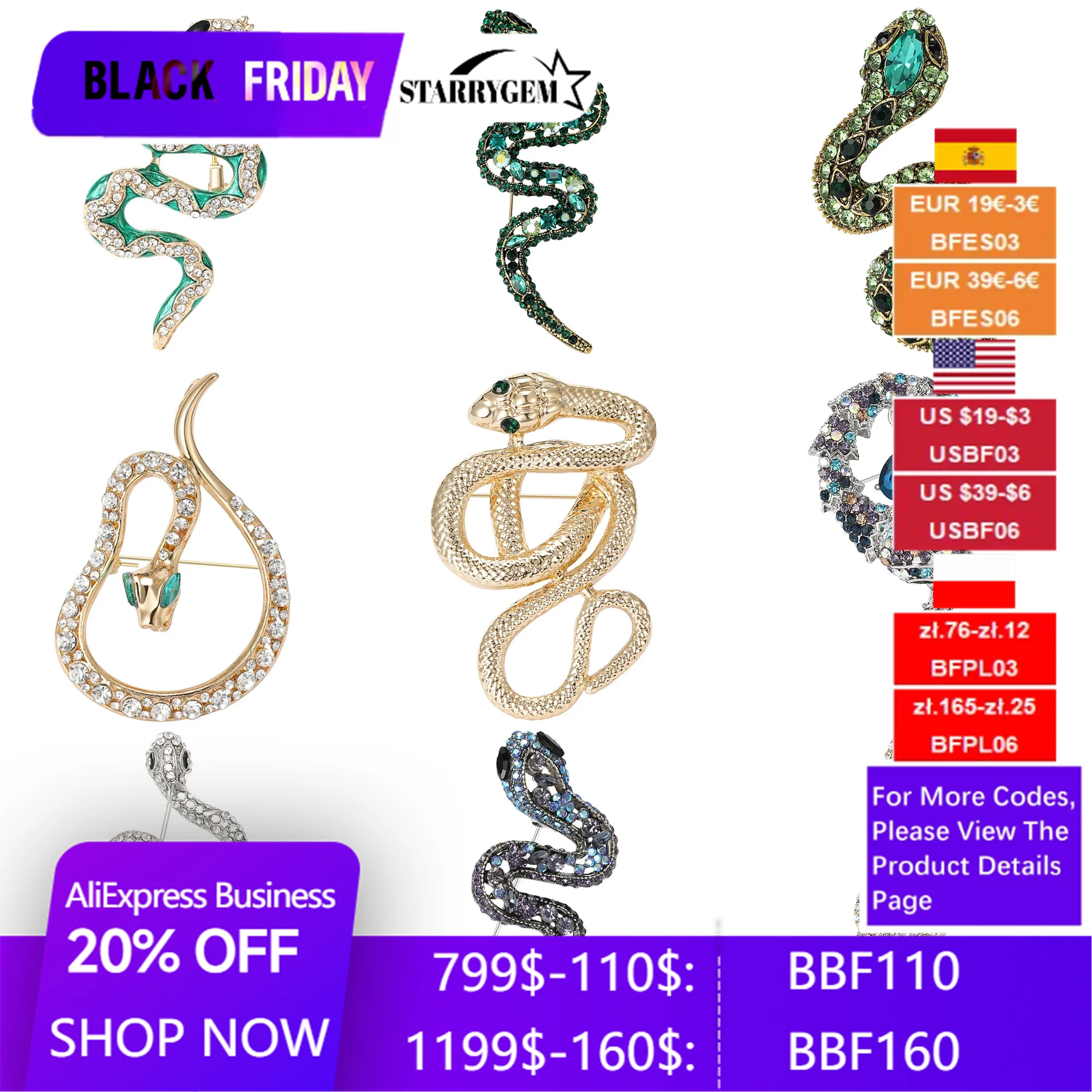 Rhinestone Snake Brooches for Women Unisex Glass Animal Pins Office Party Friend Gifts Jewelry Accessories