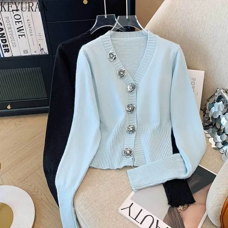 

Black Flower Button Deisgn Knitted Cardigan Women's Sweater 2024 Autumn Winter New Vintage Chic V-neck Long Sleeve Knitwear Tops