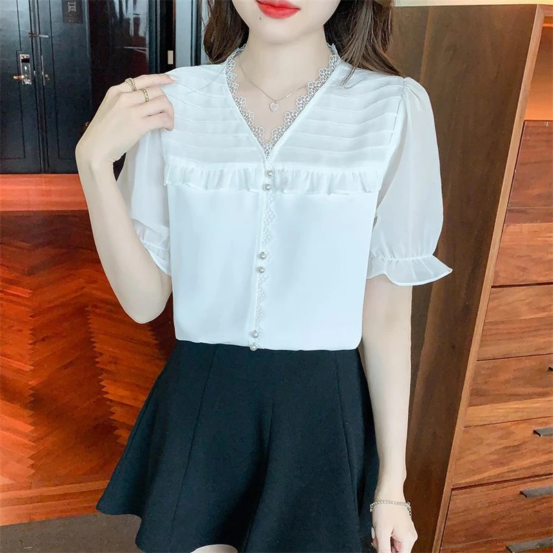 Women\'s Clothing 2024 Summer Fashion Ruffle Lace Patchwork Blouse Elegant Sweet Chic Shirt Casual Solid V Neck Short Sleeve Tops