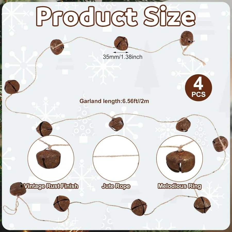 4 قطعة 6.5 قدم أجراس جلجل معدنية صدئة جارلاند مع أجراس عتيقة صدئة وسلسلة حبل الجوت لغطاء شجرة عيد الميلاد الريفية F