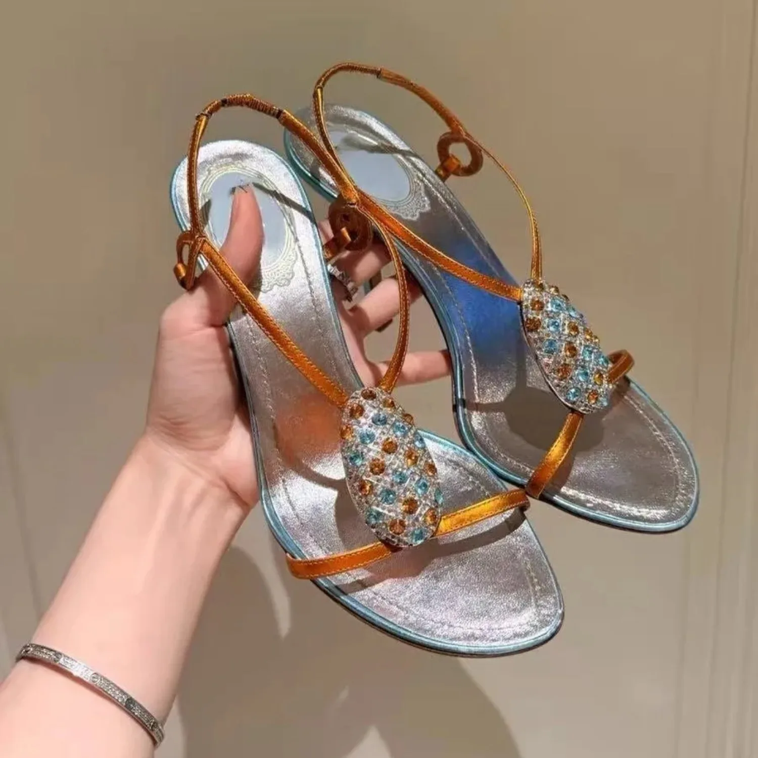 Summer New Women French Elegant Rhinestone Open Toe Thin Heel One Band Ankle Strap High Heel Sandals For Party Daily Evening