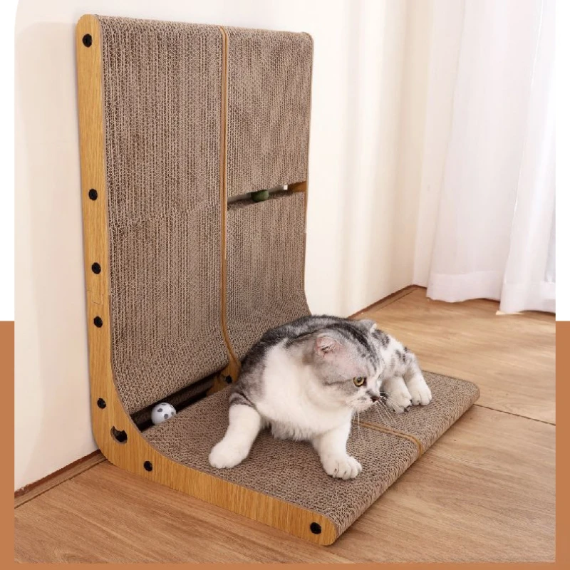 

Cat Scratching Board L-shaped Vertical Wall Sticker Durable Non-crumbling Corrugated Paper with Bell Cat Mint Ball Pet Supplies