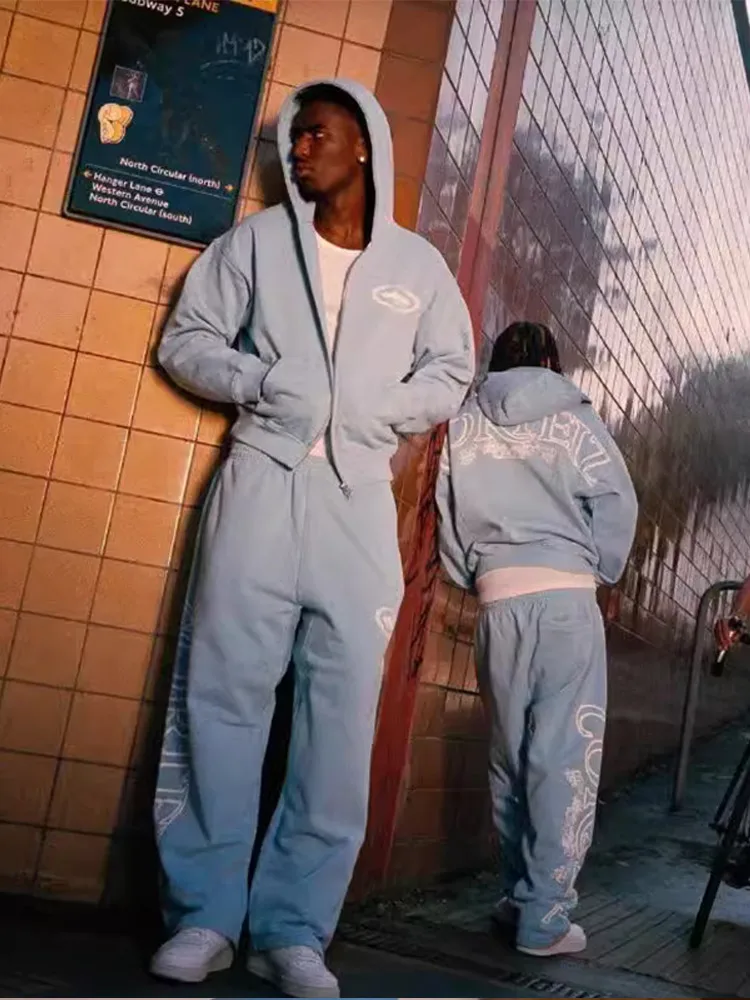 

Autumn Winter Print Men's Two Piece Set Fashion High Street Casual Loose Zipper Hooded Sweatshirt Elastic Pocket Straight Pants