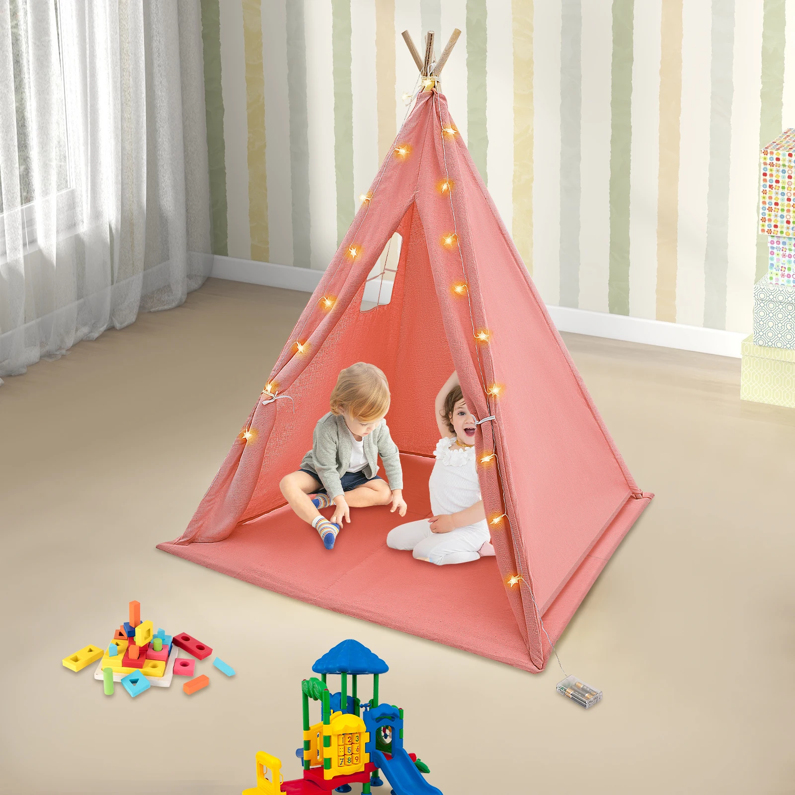 Tipi-Zelt für Kinder – Spielzelt aus 100 % Baumwolle und Leinen mit gepolsterter Matte und Sternlichtern, faltbares Indoor-Spielzelt für Mädchen und Jungen – Detail 1