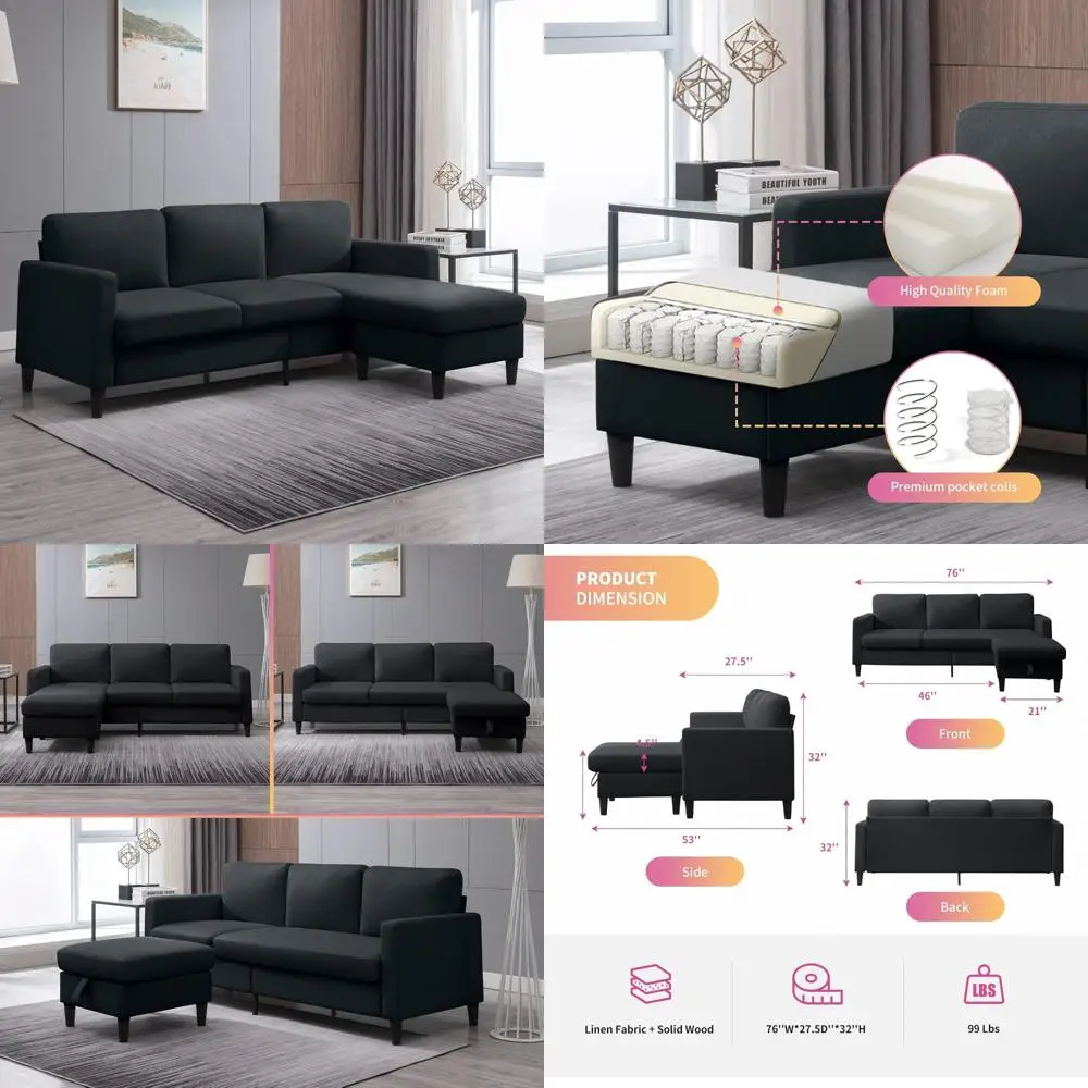 Современный трансформируемый секционный диван с пуфом для хранения вещей, маленькая льняная ткань, подвижный пуфик, свободный комбинированный диван L-образной формы, пространство