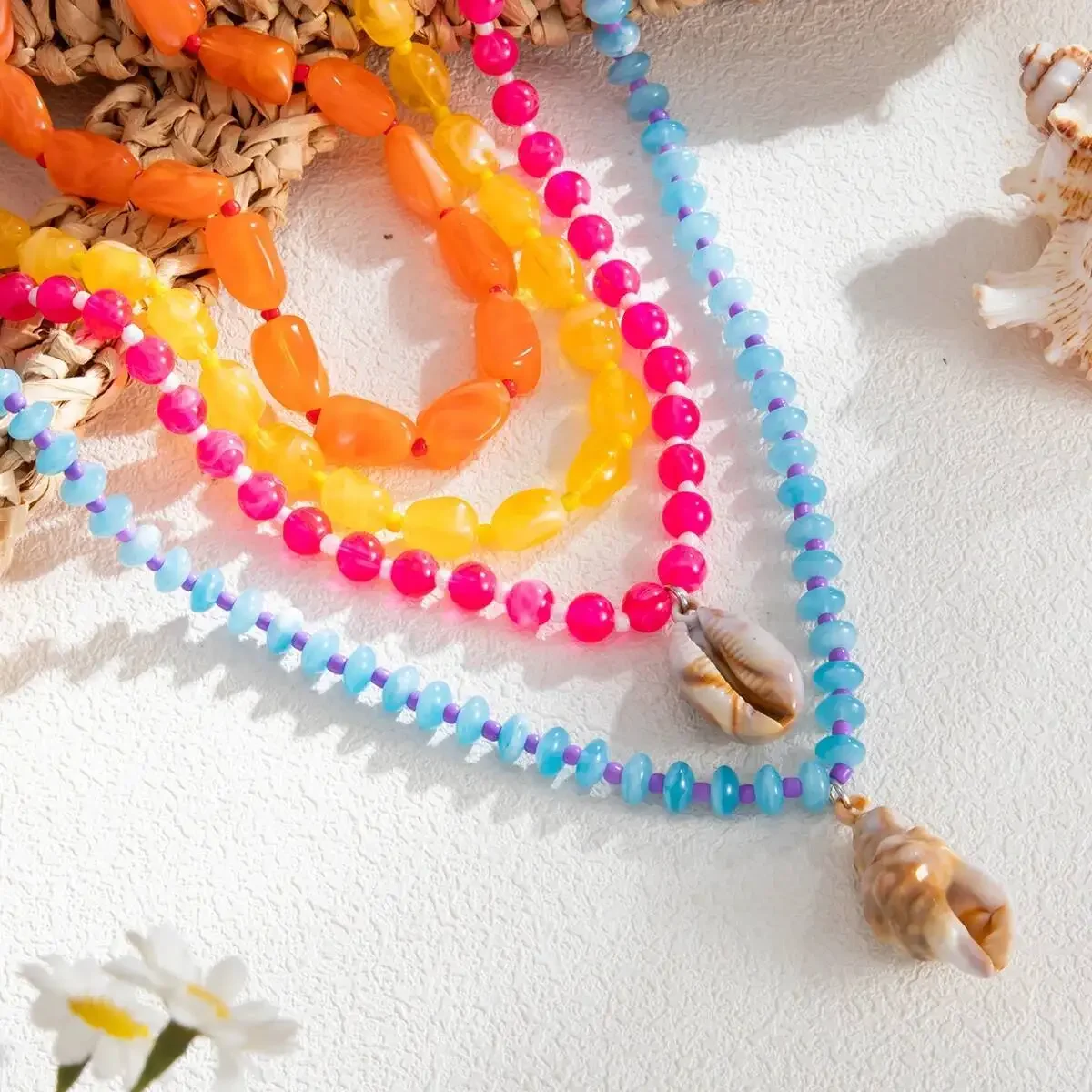 New 4Pcs/Set Trendy Y2K Colorful Resin Rice Beaded Choker Necklace Creative Plastic Conch Pendant Neck Chain Jewelry Gifts