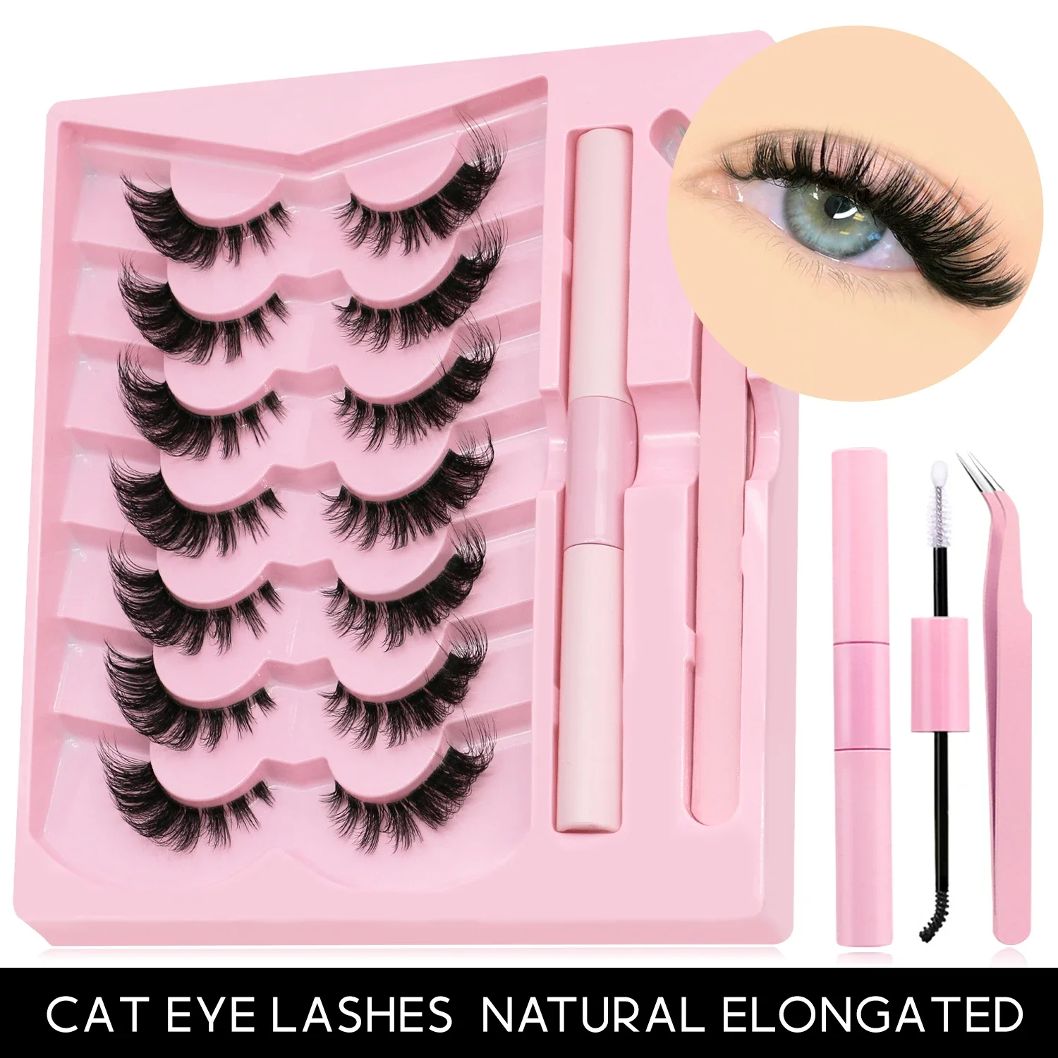 Lasvirey-Kit de pestañas DIY, juego de pestañas de ojo de gato, extensión de pestañas individuales esponjosas con unión de pestañas y sello, maquillaje de pestañas de tira completa