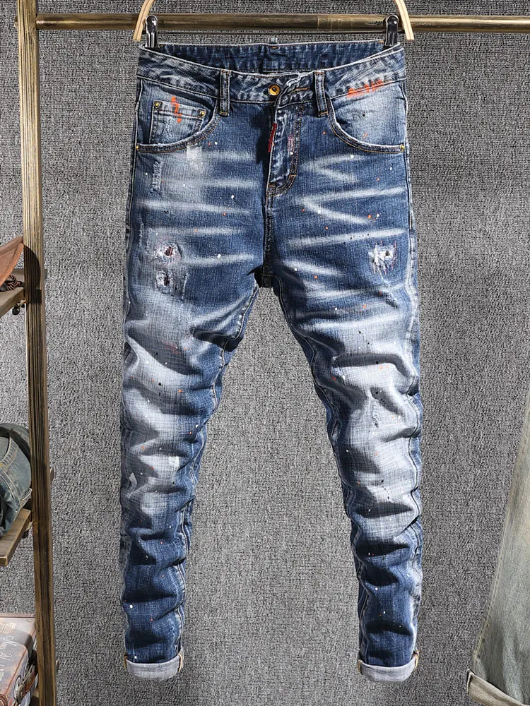 

High Street Trendy and Fashionable New Blue Men's Jeans Washed, Nostalgic Painted Hip Hop Brand High Quality Elastic Slim Fit Je