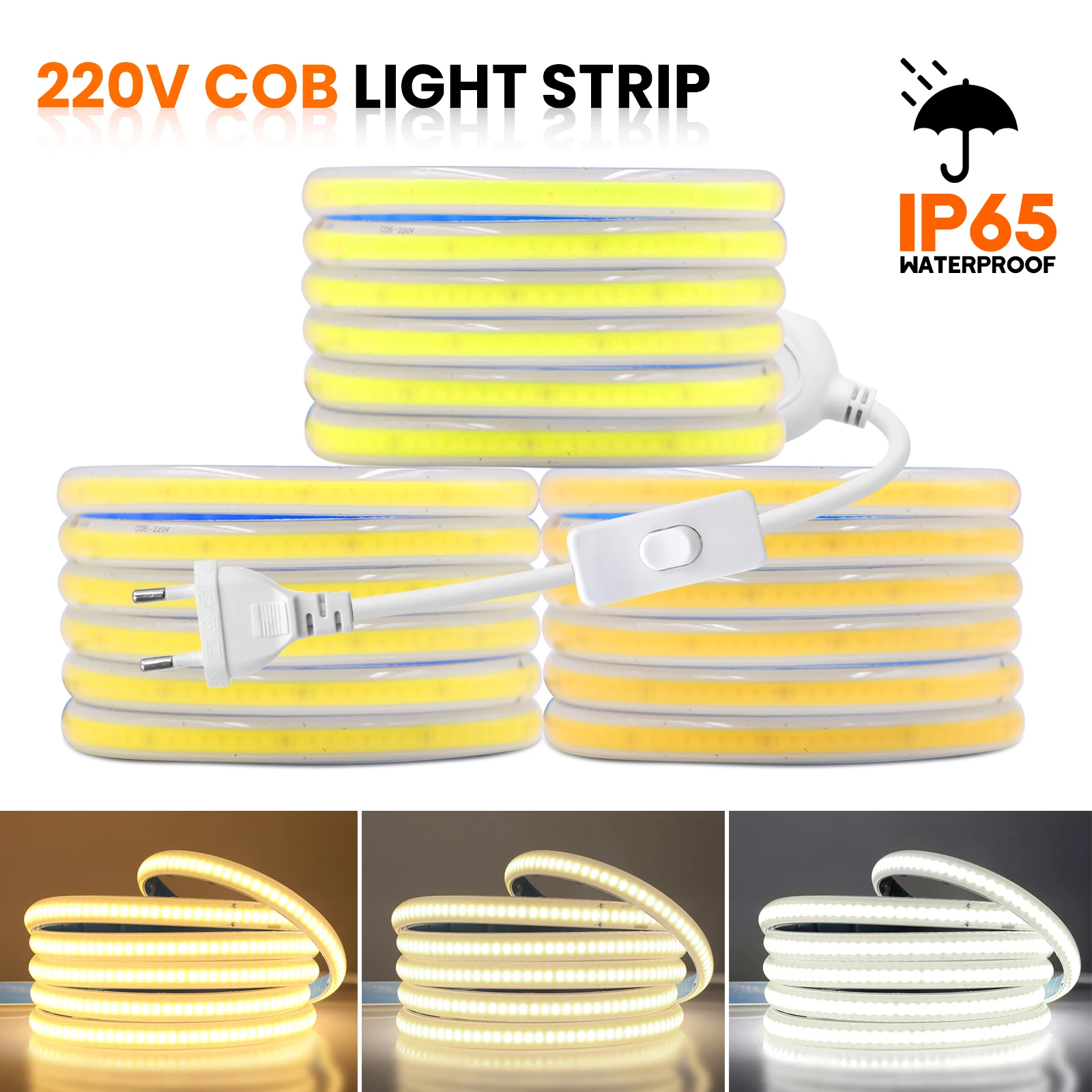 

IP65 Waterproof COB LED Strip with Switch Plug 220V 288Leds/m Flexible LED Tape High Density Light with Self Adhesive COB Lights