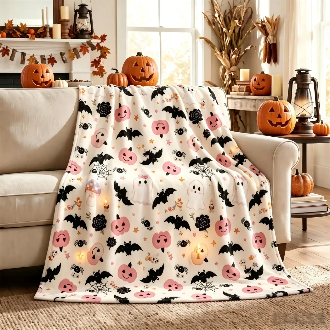 Spooky Cute Halloween Throw Blanket for Couch Decor Fall Party Seasonal Cozy Pumpkin Ghost Bat Print