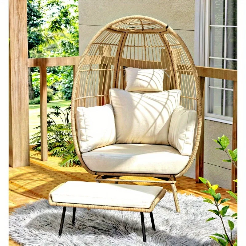 Outdoor Wicker Egg Chair with Ottomans Oversized Egg Basket Lounge Leisure Chair