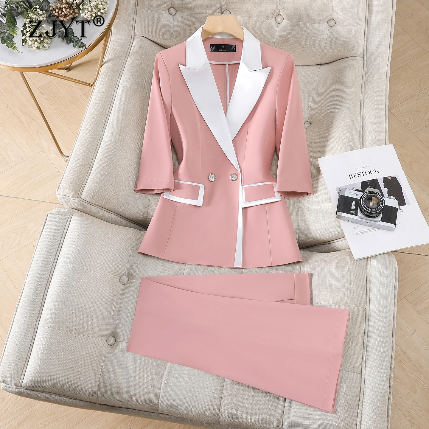 ZJYT Elegant Woman 2 Piece Set Outfit Lady Spring Summer Hit Color Women's Blazer Pants Suit White Formal Office Wear Plus Size