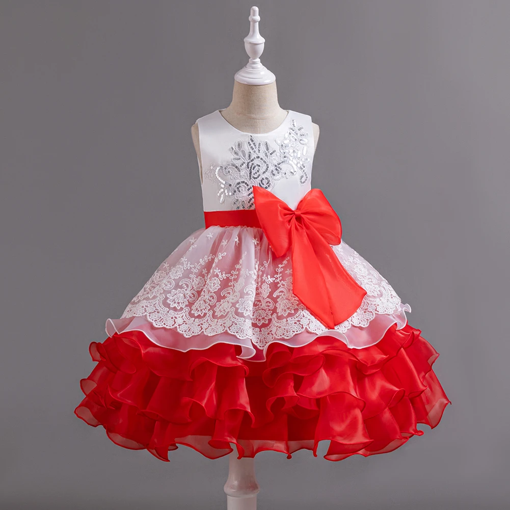 939 Cute red bow girl multi-layer cake princess Dress suitable for casual wear on Children\'s Day outings