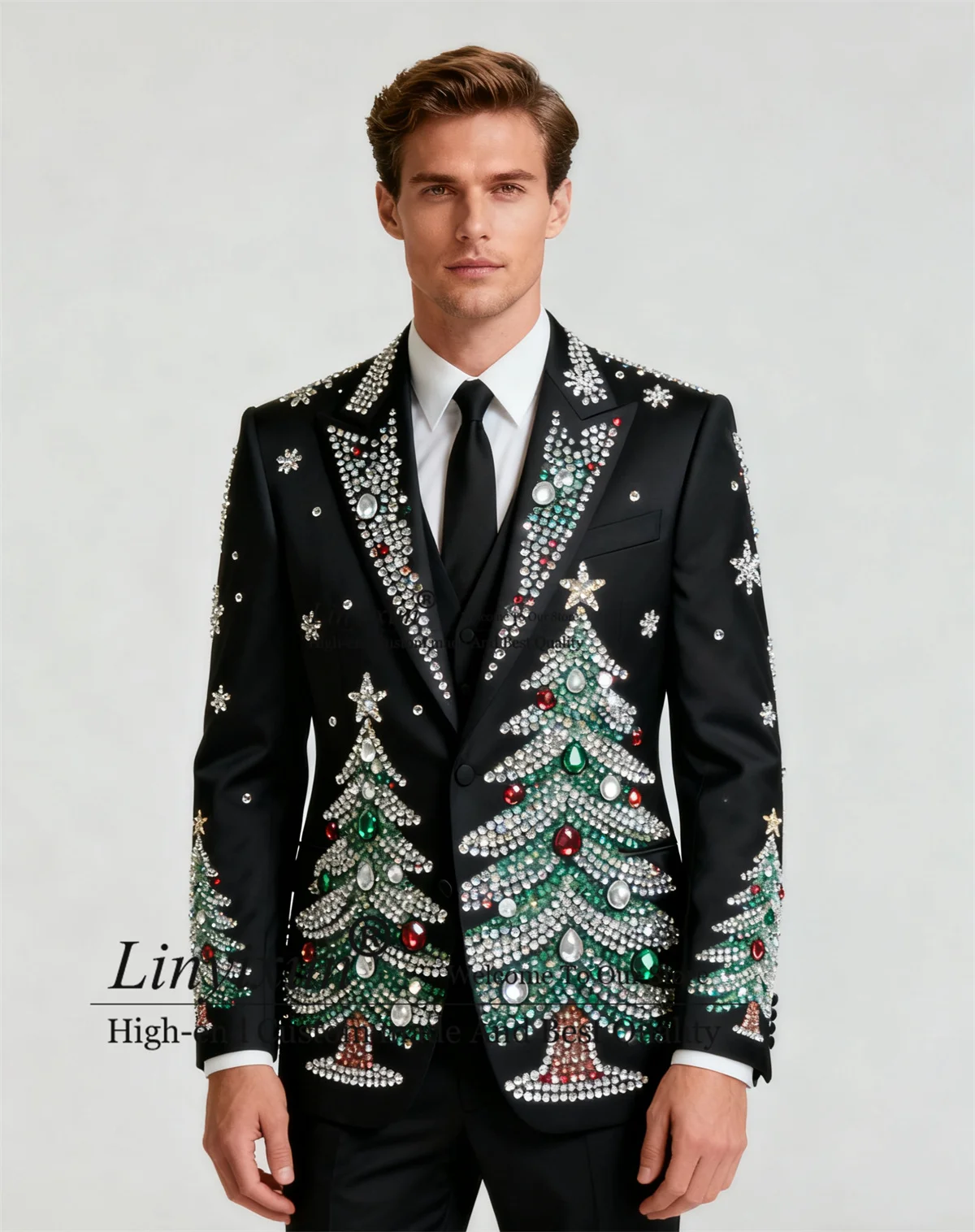 

High End Rhinestones Crystals Men Suits 3 Pieces Sets Wedding Tuxedos Customized Groom Slim Fit Peaked Lapel Blazer Ropa Hombre