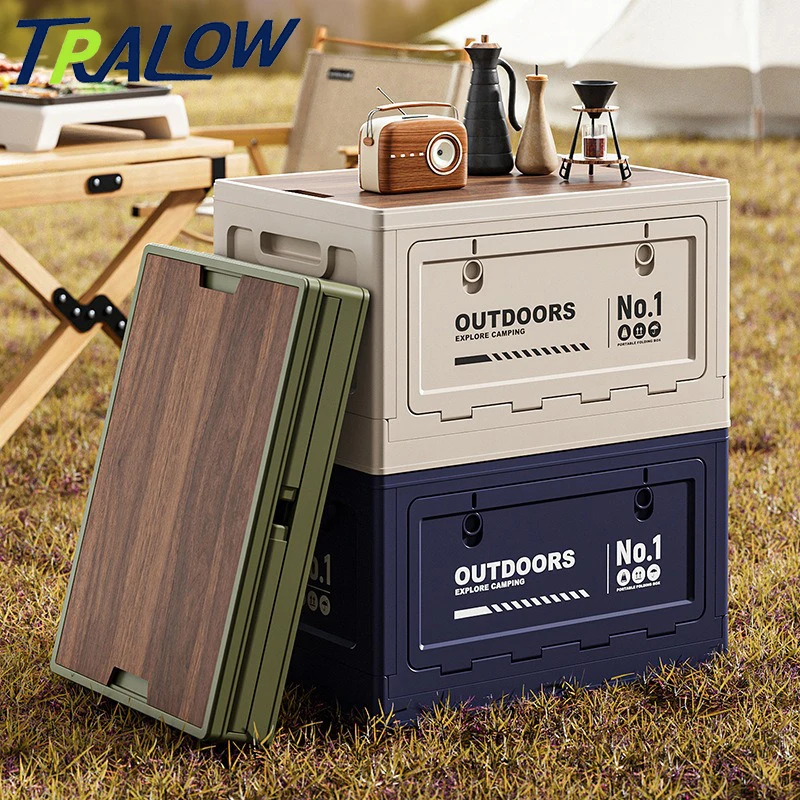 

TRALOW Durable Foldable Camping Storage Bin with Wood Lid, Sturdy Outdoor Organizer with Handles,for Camping Gear, Food