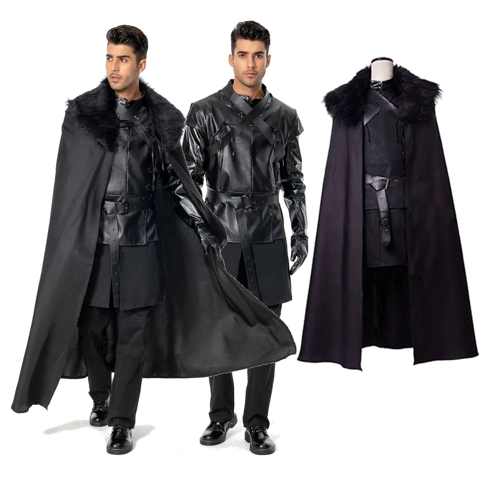 Halloween Men Night Watchman Cosplay Black Cloak Woolen Cape Top Pants Costume Outfits Carnival Party Roleplay Suit