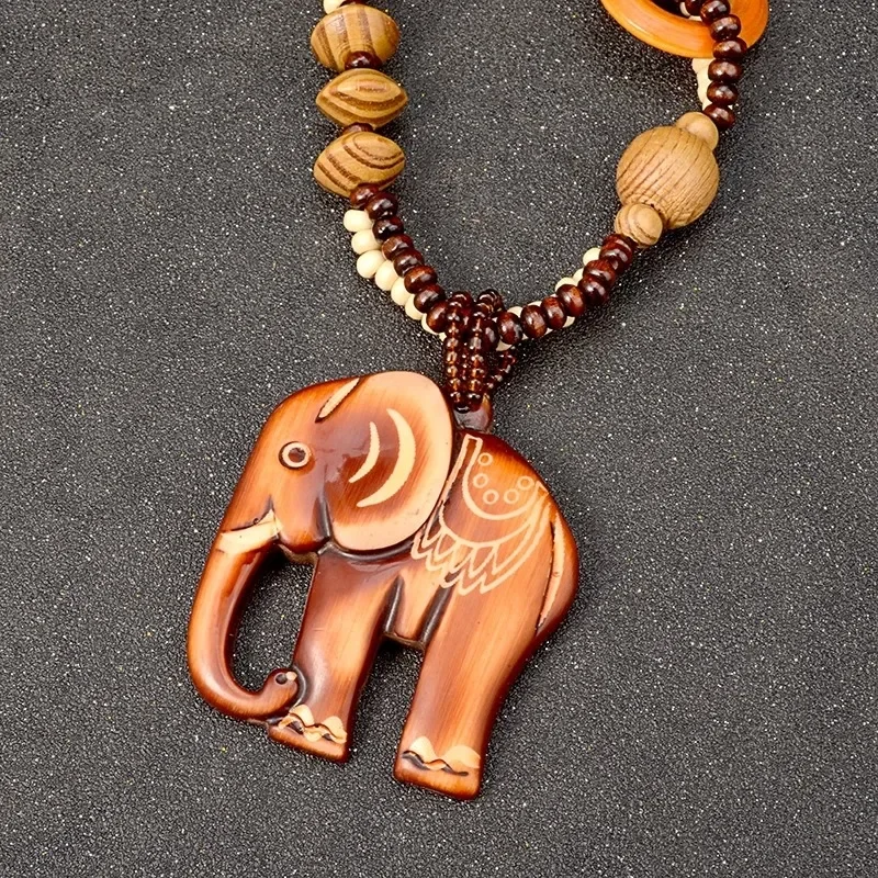 Boho Ethnic Style Long Hand Made Bead Wood Elephant Pendant Necklace Sweater Chain for Women Fashion Neck Jewelry Party Gifts