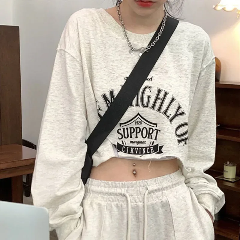 Women O-Neck Irregular Sweatshirts Letter Printed 2024 Spring Autumn Korean Fashion Crop Tops Harajuku Punk Gothic Streetwear