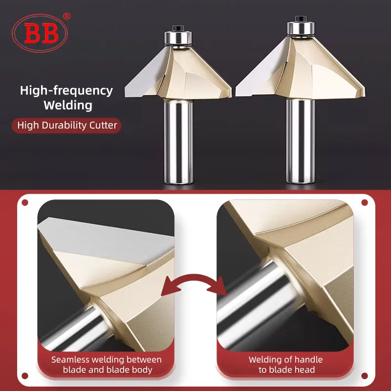 BB Bevel Cutter Chamfer Router Bit Bearing 45 Degree Groove Flush Trimming Tapered DIY Wood Milling Tool 1/2 1/4 Horse Nose