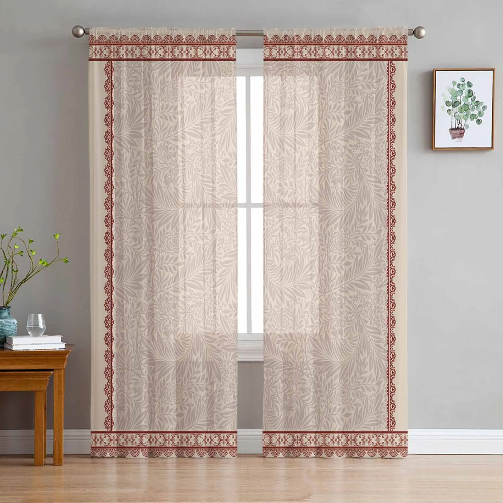 Leaves Retro Pattern Sheer Tulle Curtains for Living Room Valance Curtains Kitchen Bedroom Window Voile Drapery