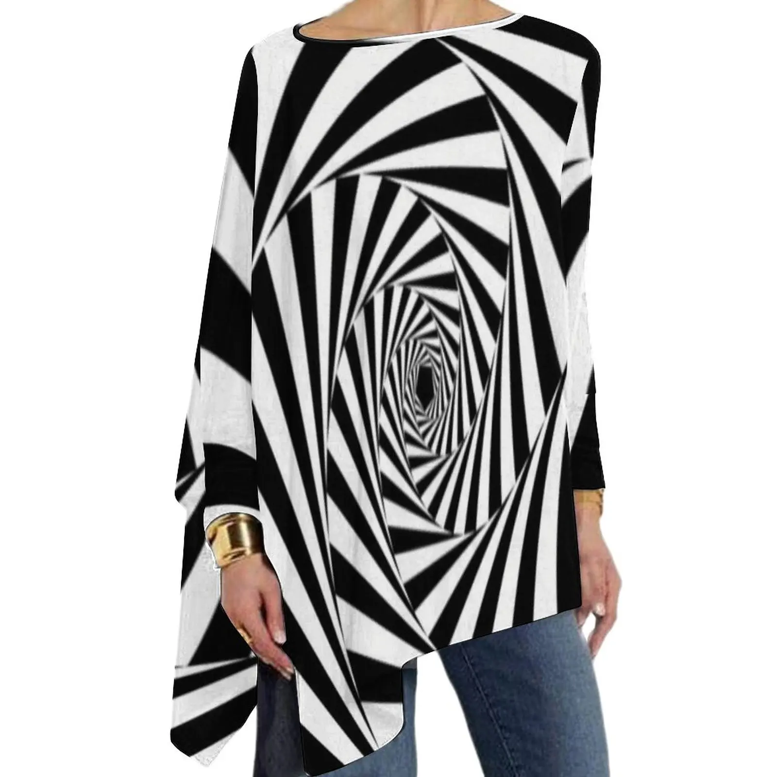 Black And White Zebra Print T-Shirt Aperture Spiral Street Long-Sleeve T-Shirts Print Aesthetic Tshirt Woman Tops Big Size 5XL