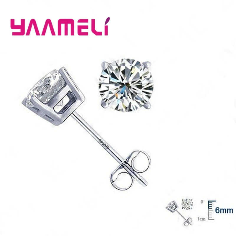 Classic CZ Crystal Stud Earrings 925 Sterling Silver for Women Men Unisex Gift AAA Cubic Zircon Wedding Party Jewelry