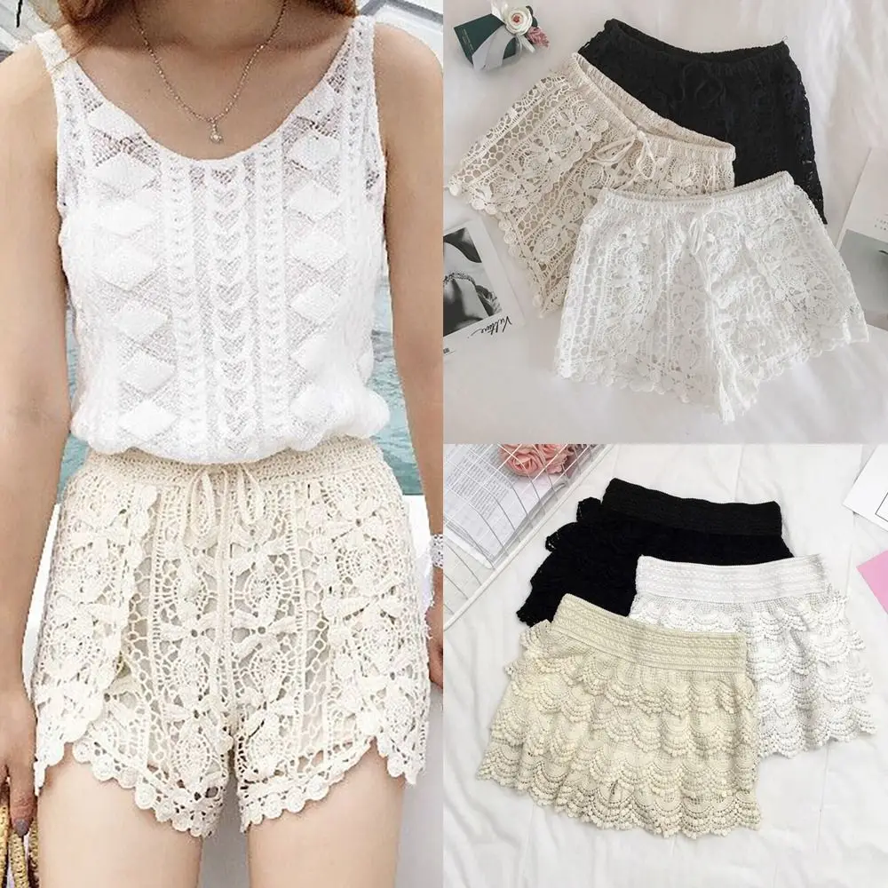 Boho Holiday Crochet Shorts for Women High Waist Hollow Out Lace-up Female Short Ladies Summer All-matching Trousers