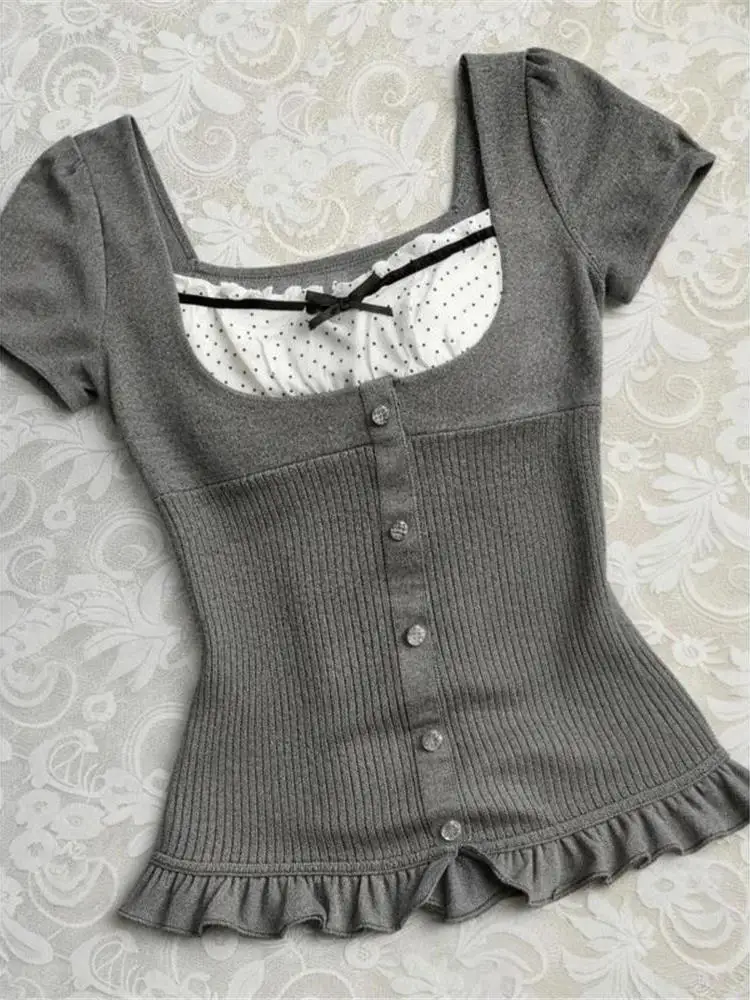 Sweet And Cool Grey Square Collar Short Sleeve Knitwear Polka Dot Splicing Waist Cinching Women's T-shirt Cleanfit Style