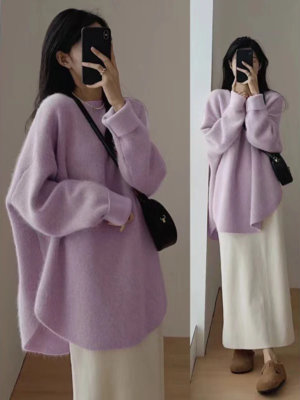 

Ladies Thiened Lazy Sle Pure Color Asymmetrical Hem Sweater Autumn Winter Korean Sle Dopane Anti-Aging Top