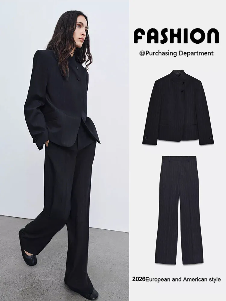 Spring New Arrival Women's Suit Jacket Fine Stripes Pants European Style Long Sleeve Fashionable Ladies' Short Outerwear