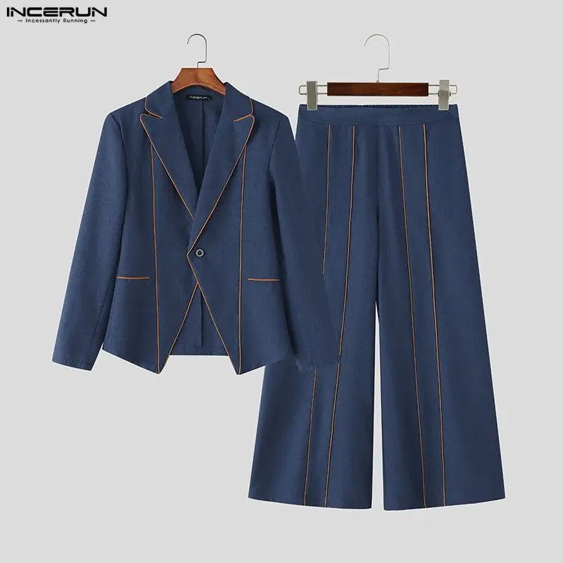 Incerun conjuntos masculinos retalhos elegante manga longa blazer & calças de perna larga duas peças define streetwear moda masculina ternos casuais