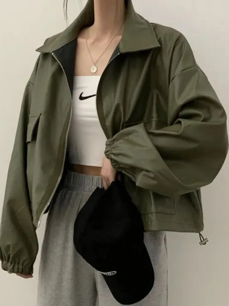 Chaqueta de Cuero Estilo Motero para Mujer, Nueva Colección Otoño, Cuello Alto, Doble Bolsillo, Cordón Ajustable, Estilo Urba...