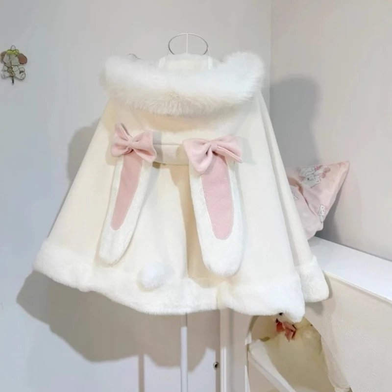 Original Y2k Cloak Hooded Women Japanese Lolita Fur Patchwork Rabbir Ear Hooed Coat Kawaii Sweet Bow Jackets Oversized JK Capes