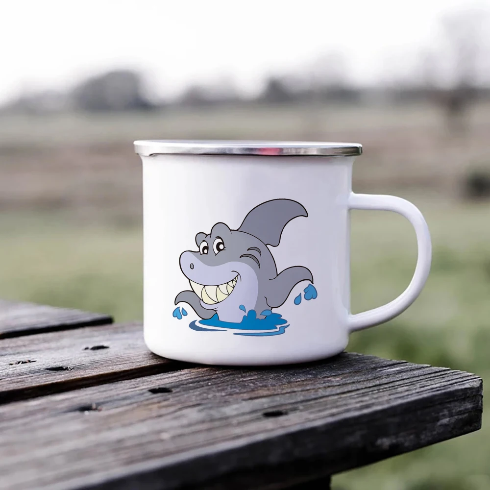 Cartoon Happy Shark Print smalto tazza regalo per bambini tazza di metallo divertenti tazze da caffè per sublimare tazza personalizzata Kawaii