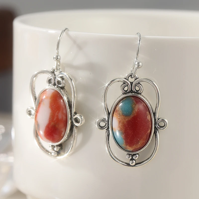 Geometrische Inlay-Stein-Tropfenohrringe im antiken Stil für Frauen, Boho-Ohrringe, rund, rot, blau, für Damen, Bankett, Hochzeit, Schmuck