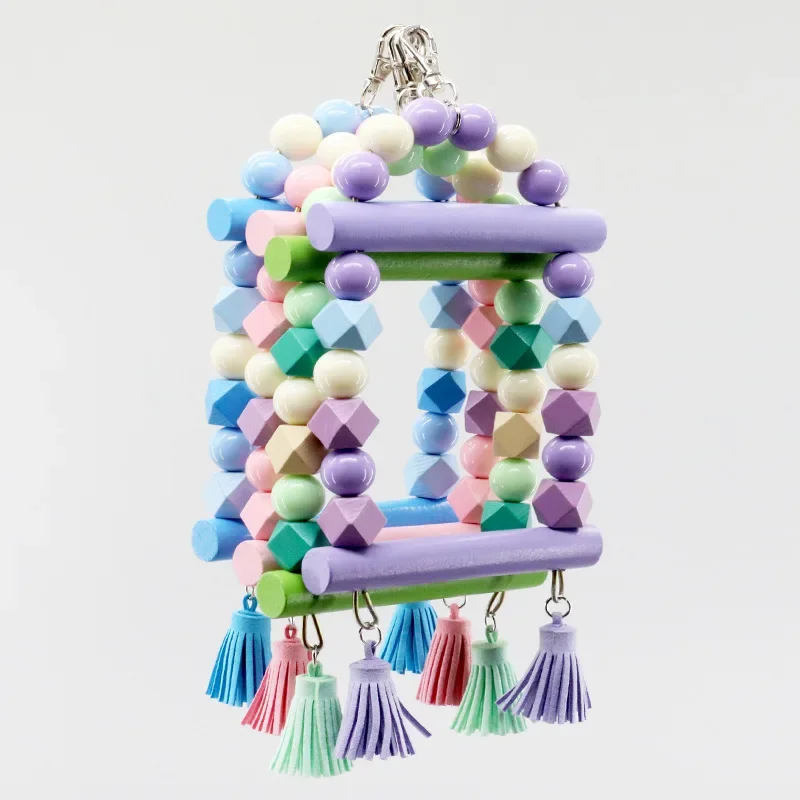 2024 Natural Wooden Parrots Swing Toy Parakeet Birds Colorful Beads Bird Supplies Bells Toys Perch Hanging Swings Cage for Pets