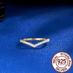 CWWZircons Genuine 925 Sterling Silver Stackable Rings for Women Shiny Cubic Zircon V Shape Gold Plated Fine Jewelry Gifts SR013