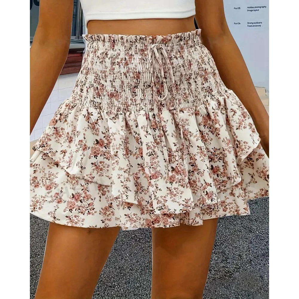 

Fashion Women Floral Print Shirring Tied Waist Wide Leg Double Ruffle Hem Layered Shorts Femme Summer High Waist Short Pants