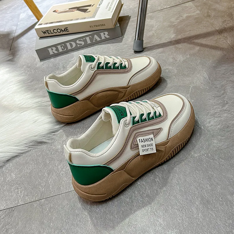 Thick sole color matching casual shoes 2023 spring new trend Korean version female student comfortable walking board shoes